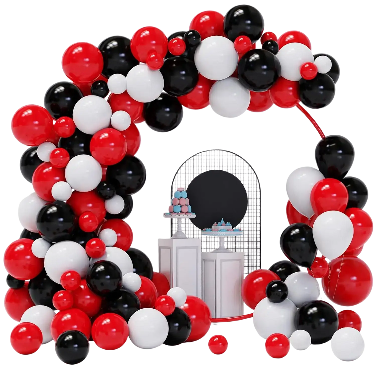 A vibrant red black and white balloon arch kit with 98 glossy latex balloons of varying sizes for decoration