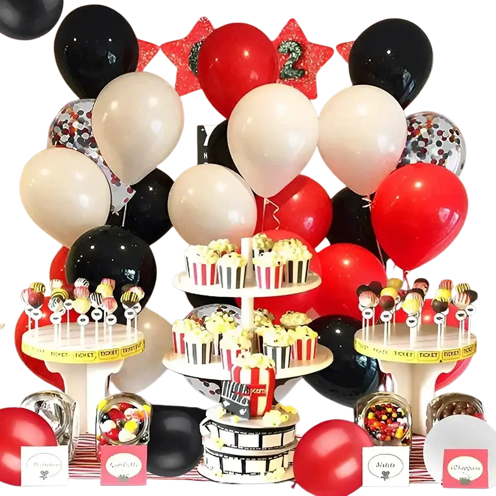 Red black white balloon set party decor with confetti-filled and star-shaped balloons for festive events