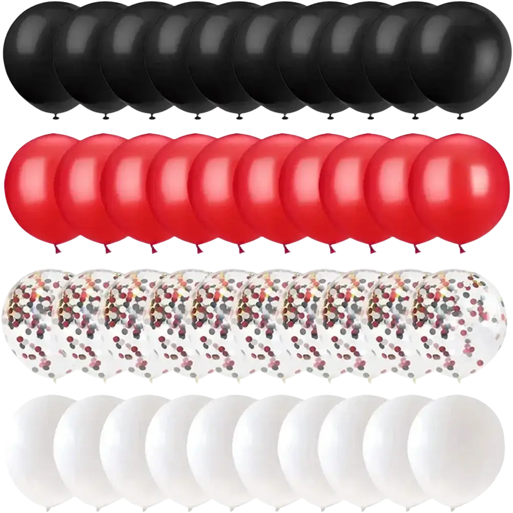 A red black white balloon set featuring black, red, white, and clear confetti balloons for party decor