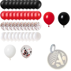 A set of 41 red black white party balloons including black white red and clear confetti-filled balloons for decoration