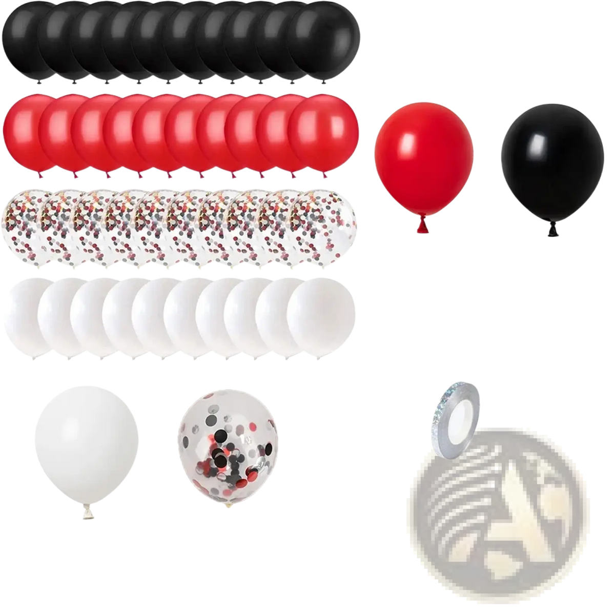 A set of 41 red black white party balloons including black white red and clear confetti-filled balloons for decoration