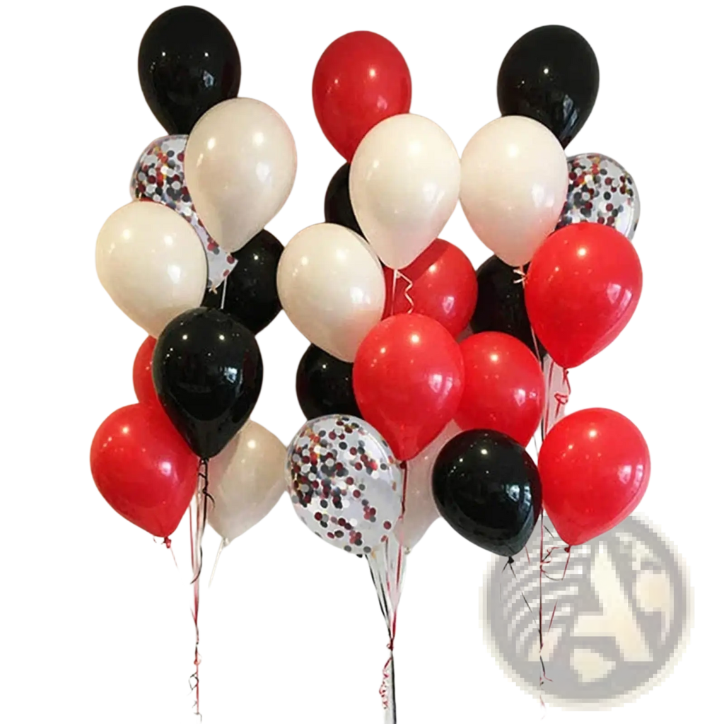A cluster of glossy red black and white latex balloons with some containing confetti for party decor