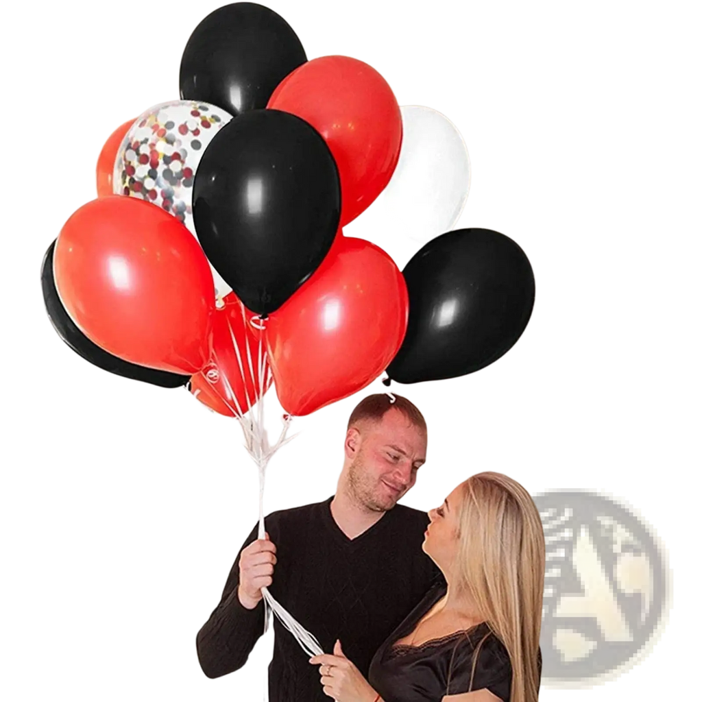 A red black white balloon set featuring glossy latex balloons with one confetti-filled balloon for party decor