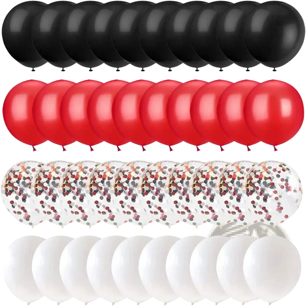 Set of red black white latex balloons including confetti-filled clear balloons arranged in rows for party decor