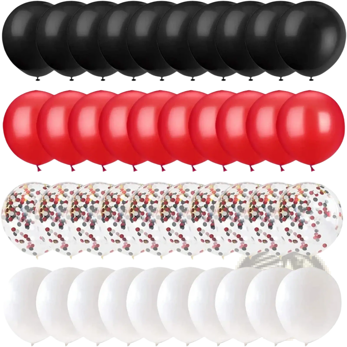 Set of red black white latex balloons including confetti-filled clear balloons arranged in rows for party decor