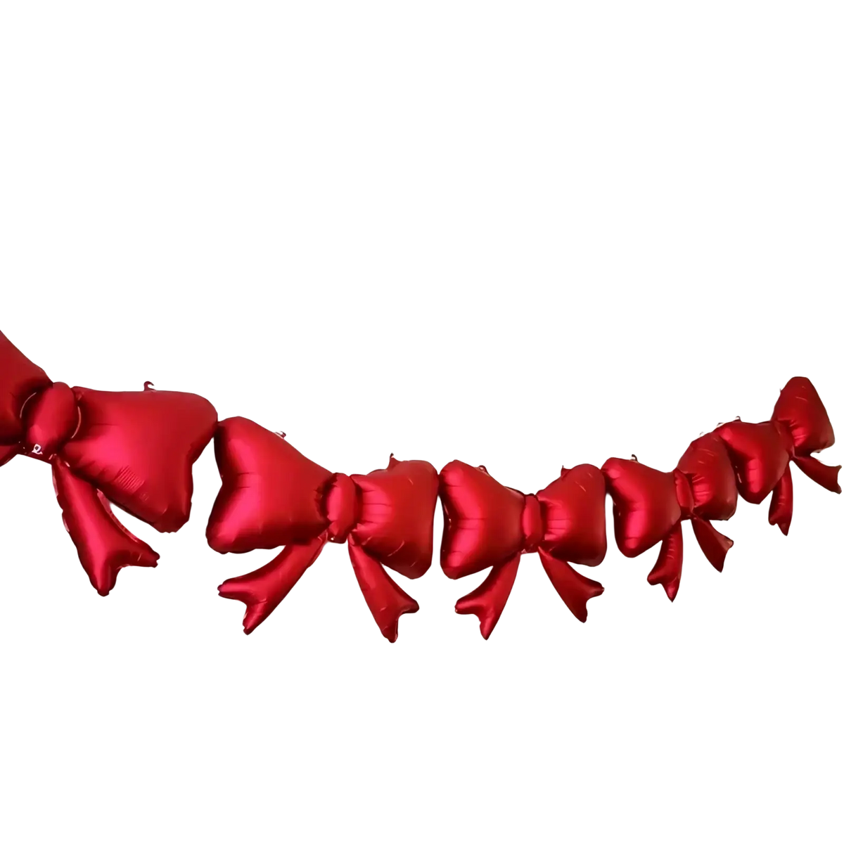 A string of 8 vibrant red glossy balloon bows arranged as a decorative garland for weddings and parties