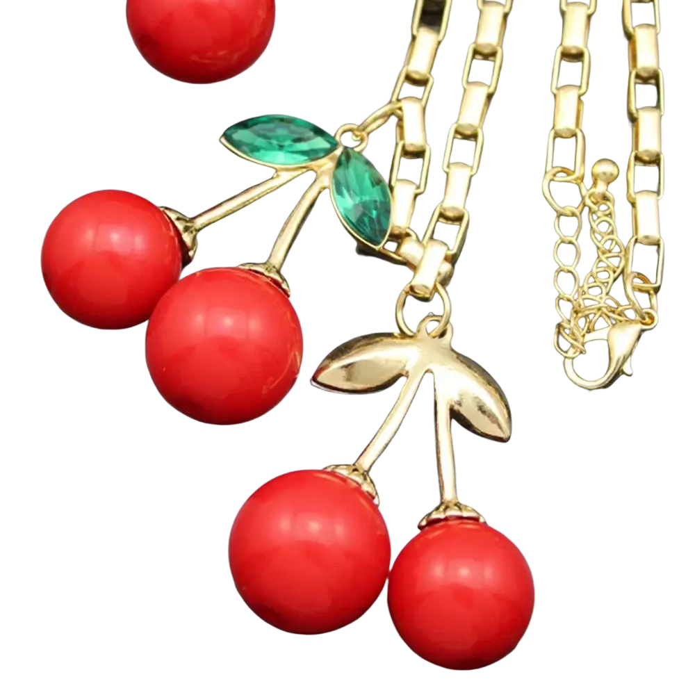 Gold-toned chain necklace with vibrant red enamel cherry pendants and green crystal leaves crystal choker statement necklace