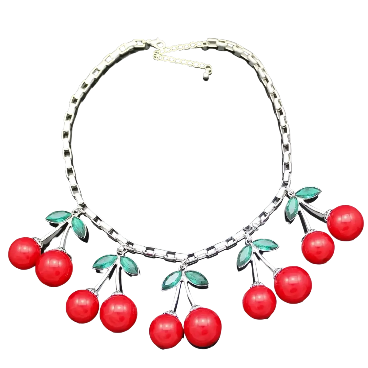 Silver chain red cherry statement necklace with crystal choker design featuring dangling cherries and green leaves