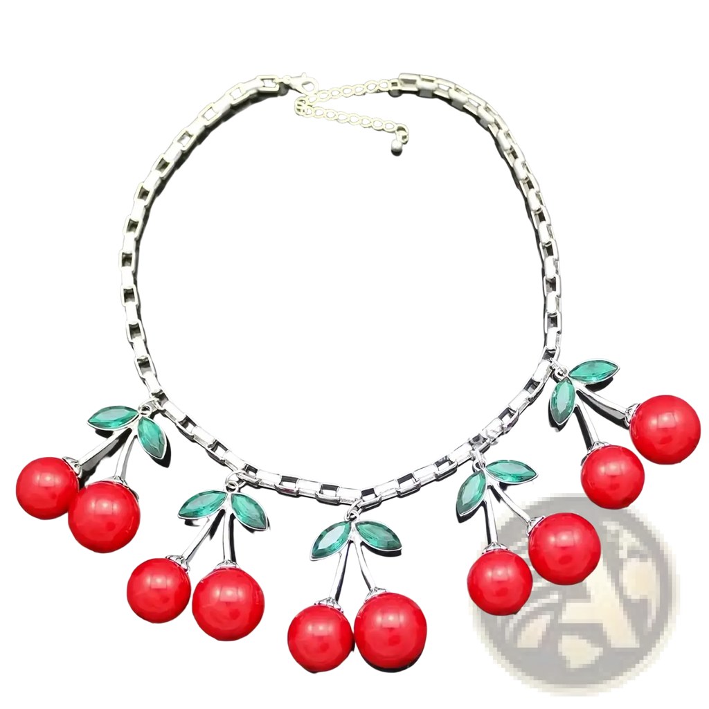 Silver chain red cherry statement necklace with crystal choker design featuring dangling cherries and green leaves