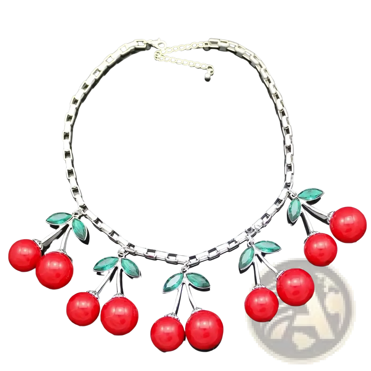 Silver chain red cherry statement necklace with crystal choker design featuring dangling cherries and green leaves