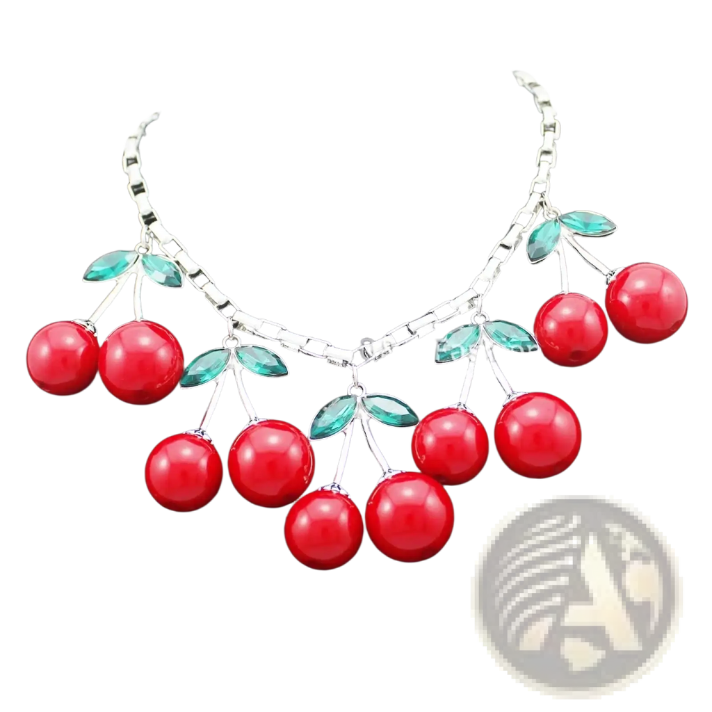 Red cherry statement necklace featuring red cherry design with crystal choker, silver-toned chain, and green leaf accents