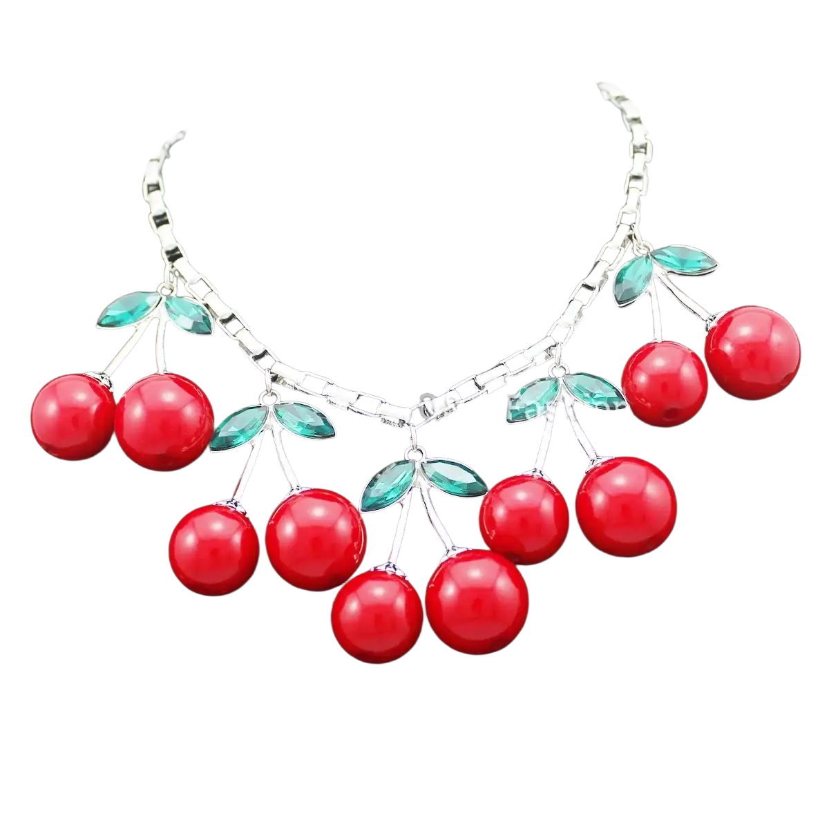 Red cherry statement necklace featuring red cherry design with crystal choker, silver-toned chain, and green leaf accents