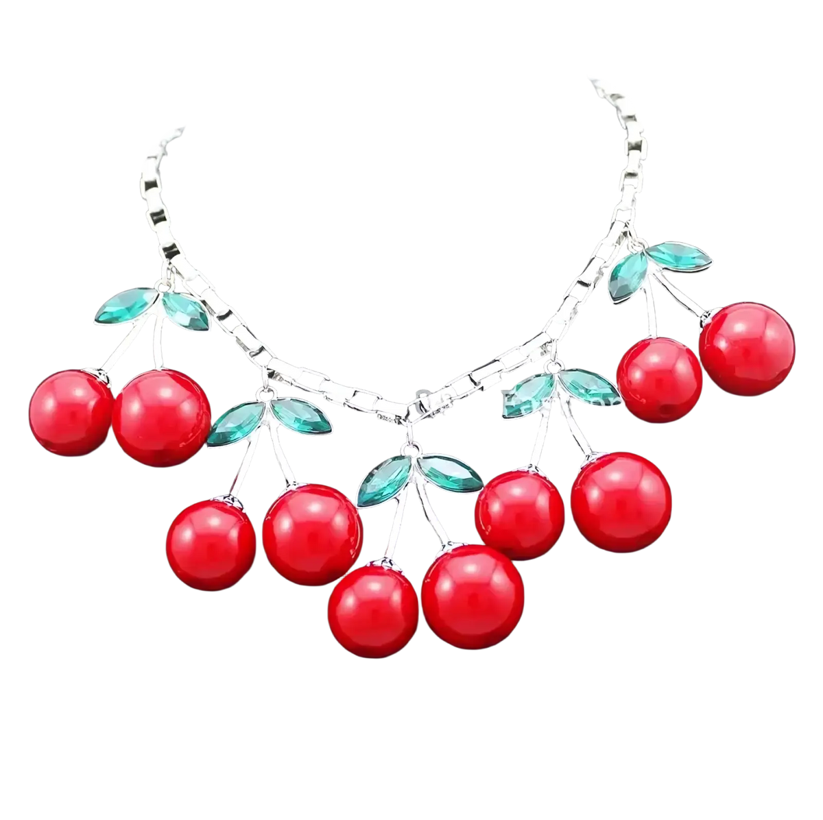 Red cherry statement necklace crystal choker with glossy resin cherries green enamel leaves on silver-toned chain