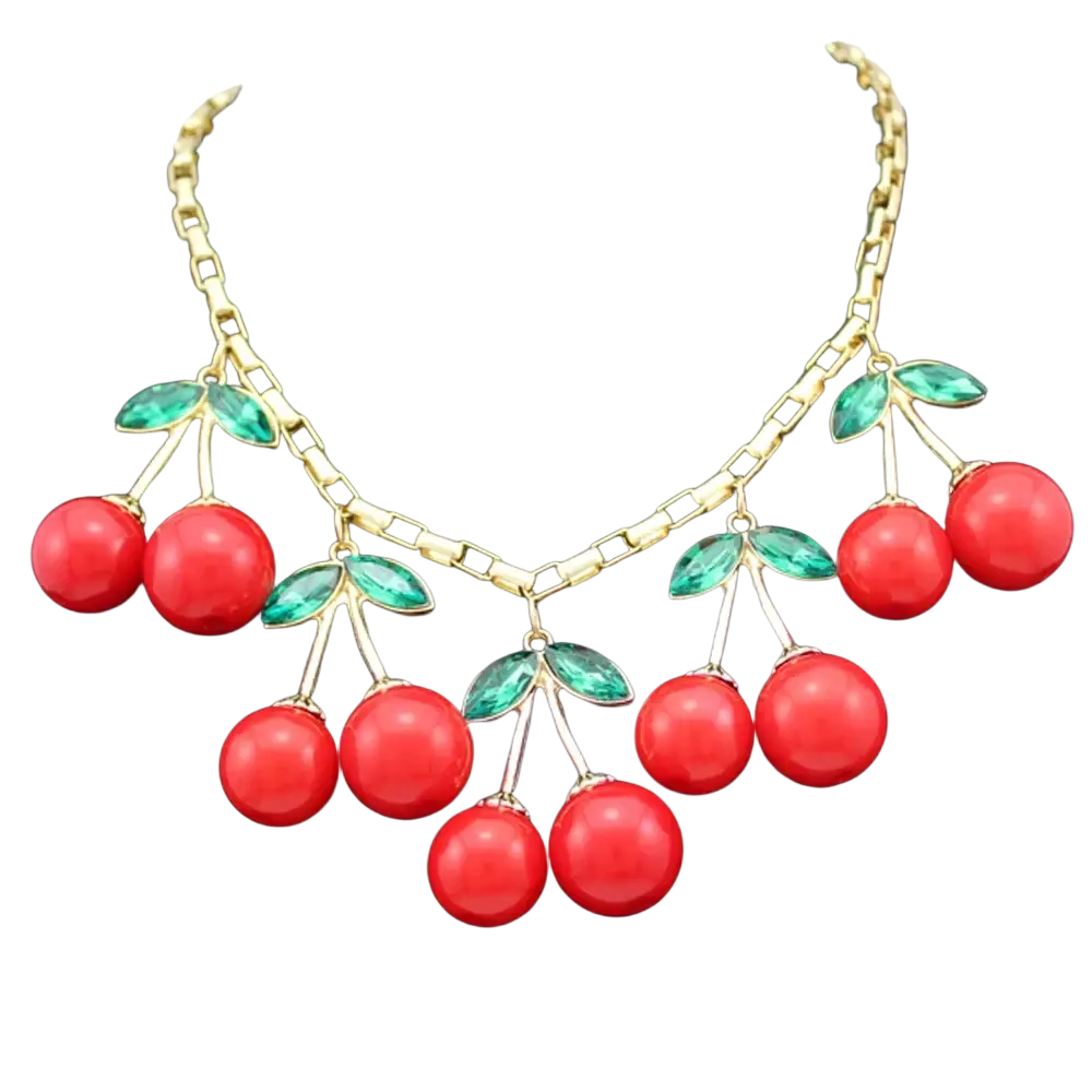 Red cherry statement necklace crystal choker with vibrant red cherries, gold-toned chain, and green leaf accents