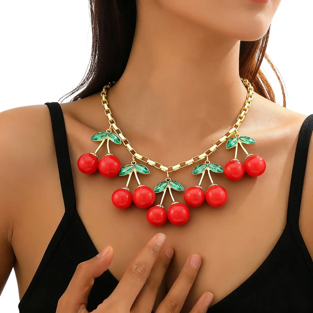 Red cherry statement necklace crystal choker with vibrant resin cherries green enamel leaves and gold-toned chains