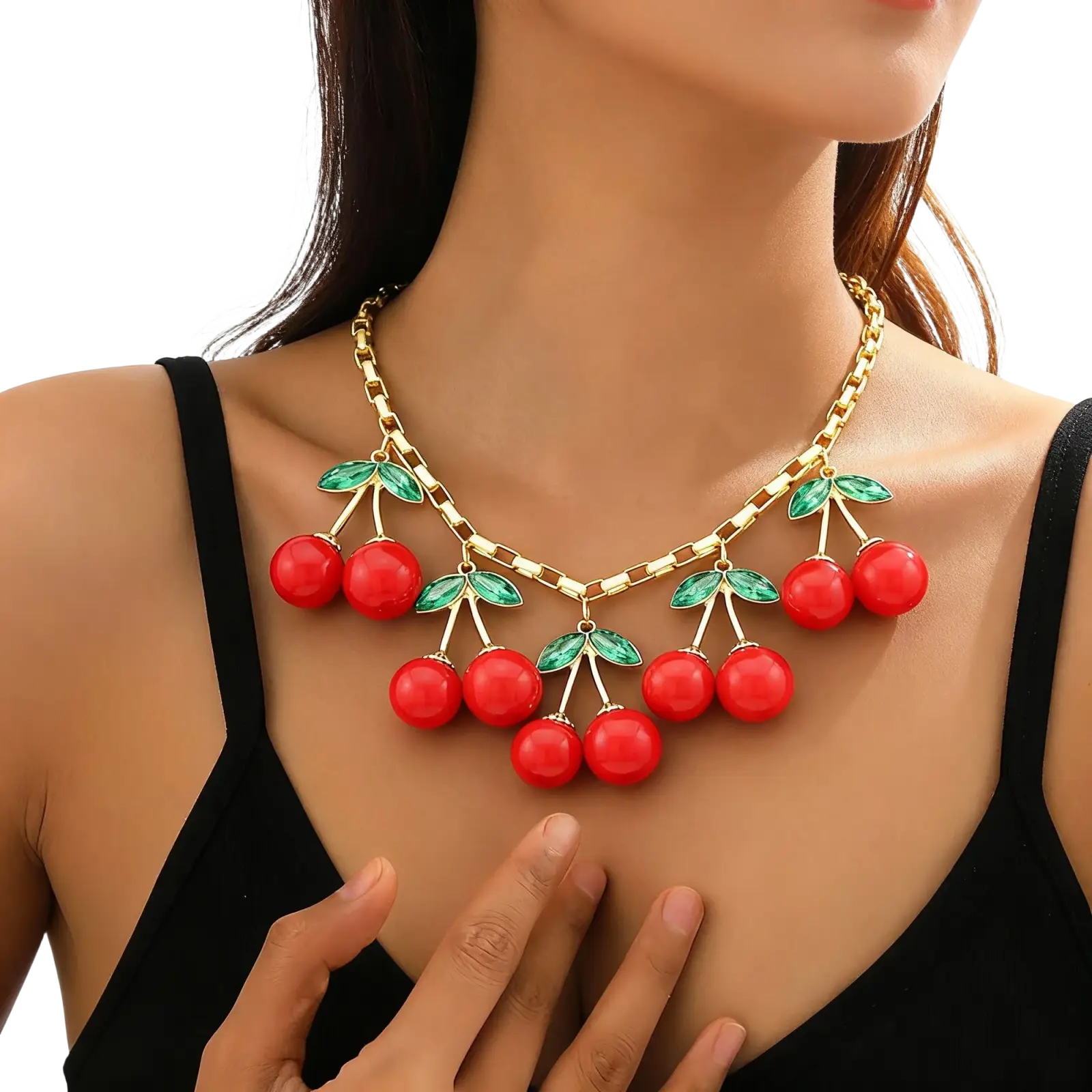 Red cherry statement necklace crystal choker with vibrant resin cherries green enamel leaves and gold-toned chains