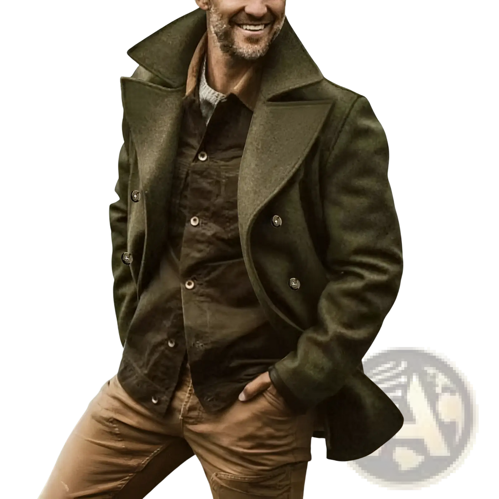 Olive green double breasted wool coat shown from the back combining trench coat style and warm material features