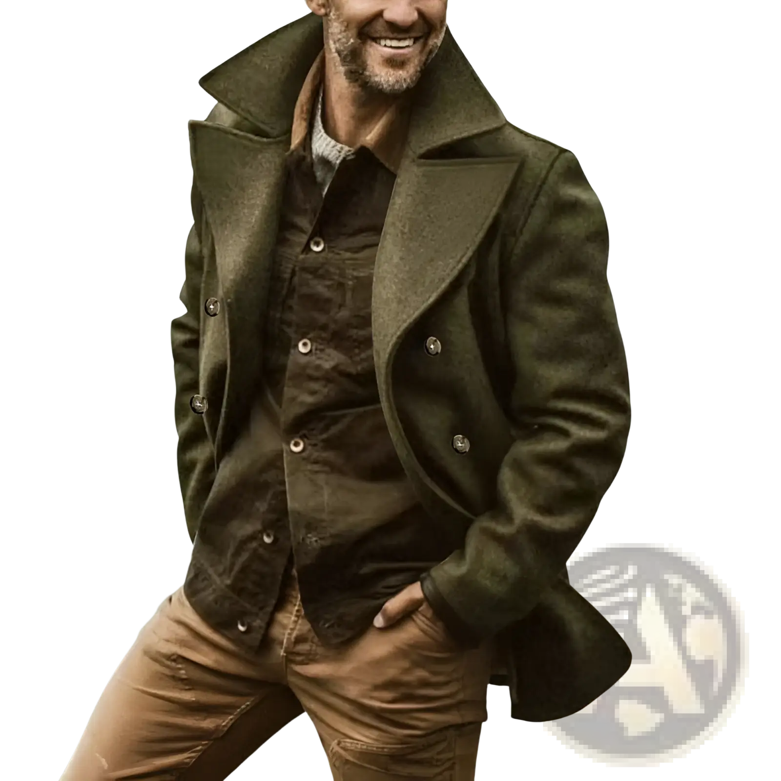 Olive green double breasted wool coat shown from the back combining trench coat style and warm material features