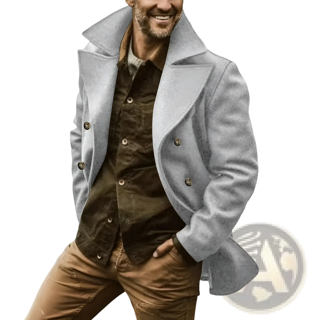 Red cotton double breasted trench coat in light gray wool with notched collar and gold toned buttons