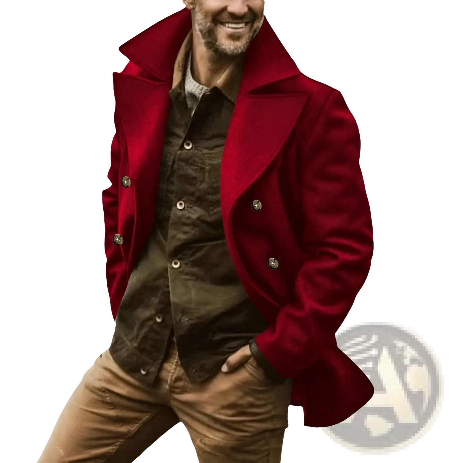 Red cotton double breasted trench coat featuring a rich red wool fabric wide collar and silver buttons