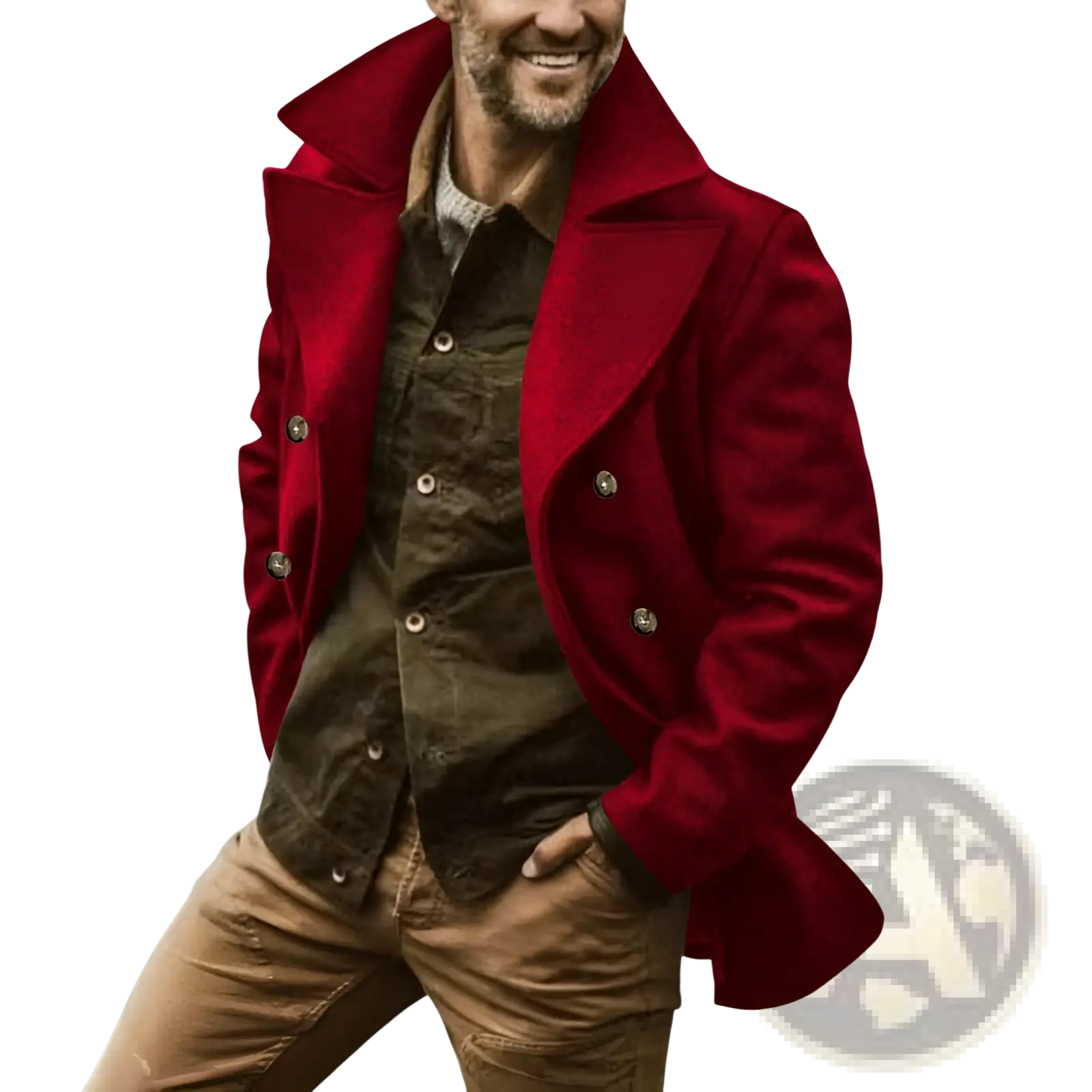 Red double-breasted wool coat with silver-toned buttons in rich red color for stylish outerwear use