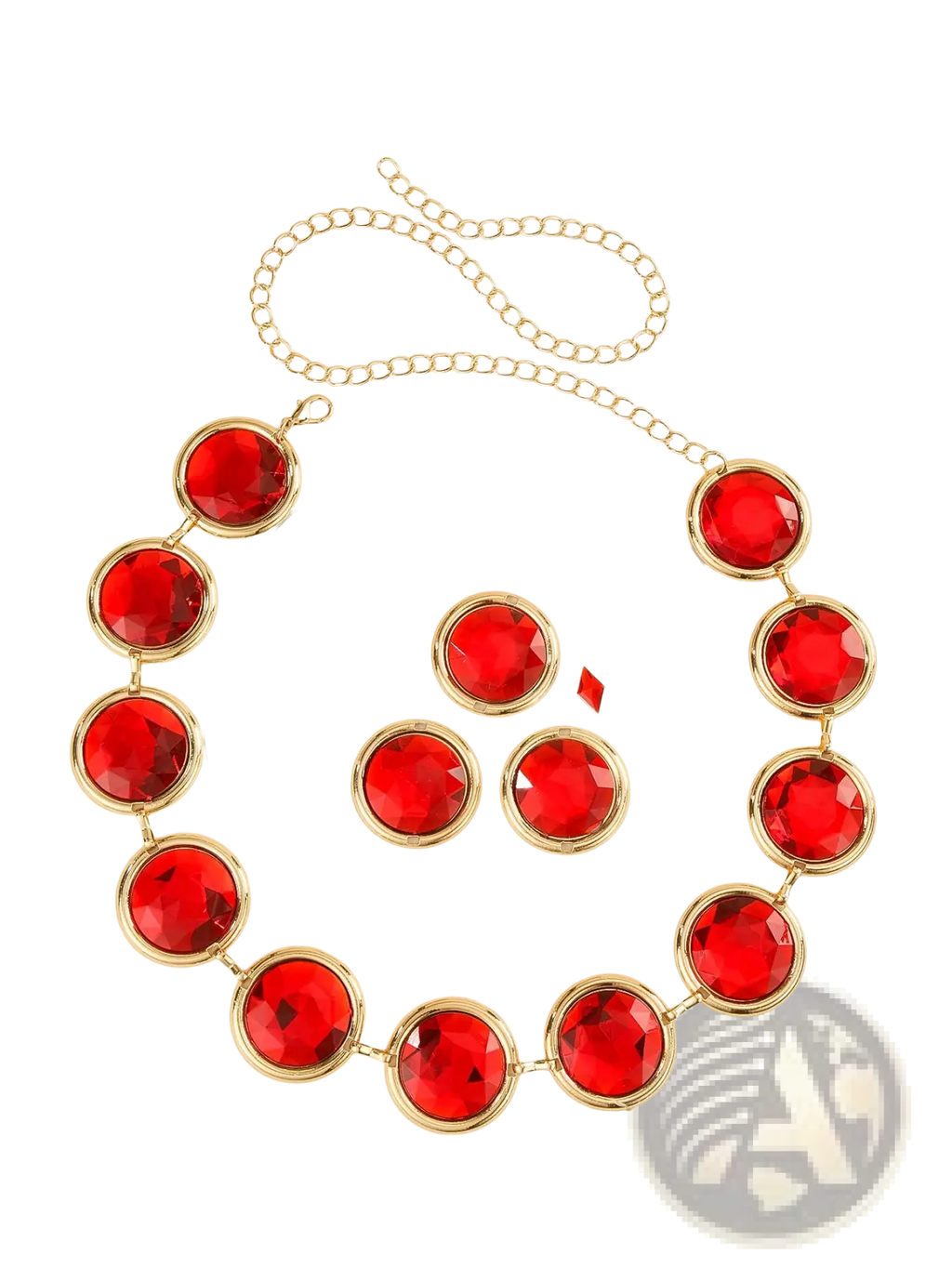Red crystal waist chain corset belt featuring red gemstone necklace with gold-toned metal settings and matching chain
