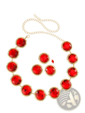 Red crystal waist chain corset belt featuring red gemstone necklace with gold-toned metal settings and matching chain