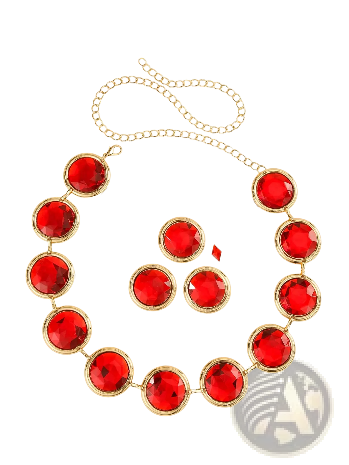 Red crystal waist chain corset belt featuring red gemstone necklace with gold-toned metal settings and matching chain
