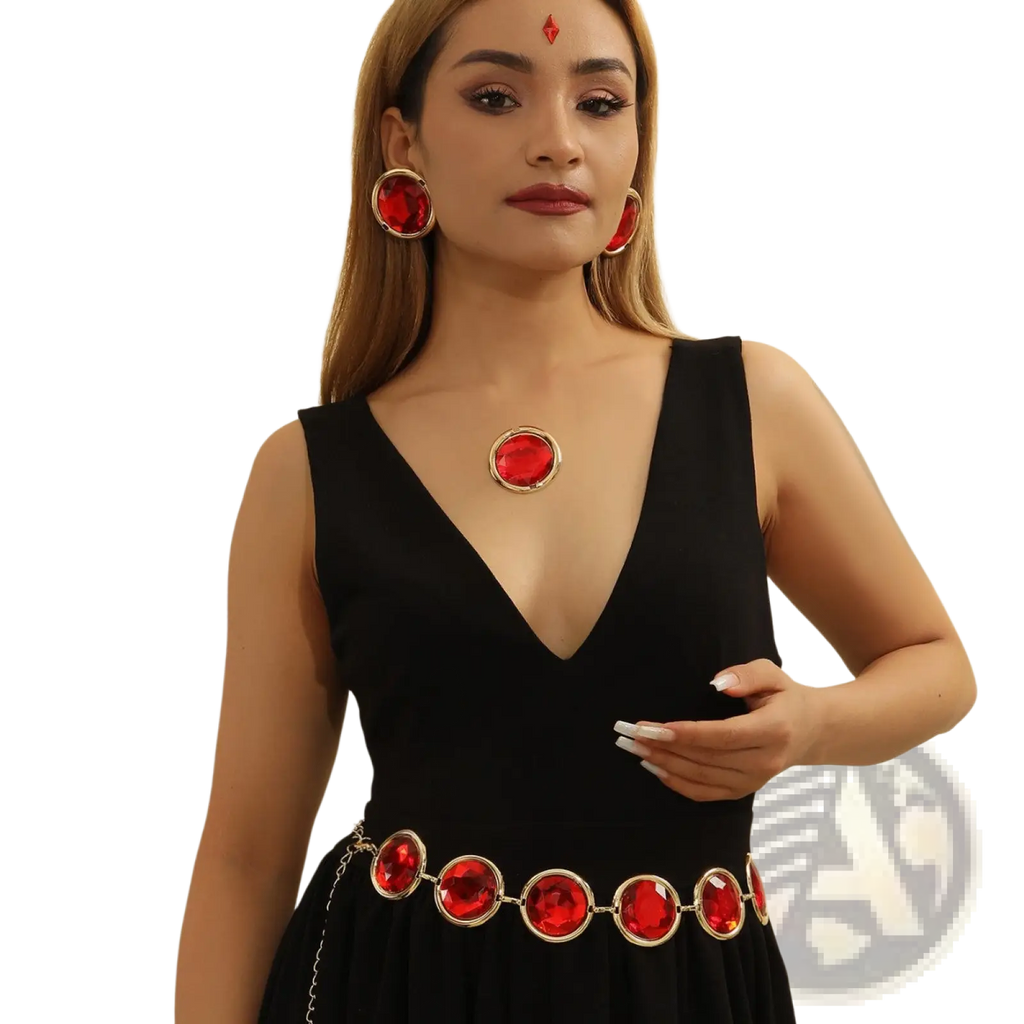 A striking black dress featuring a red crystal waist chain corset belt with matching earrings and gold-toned accents