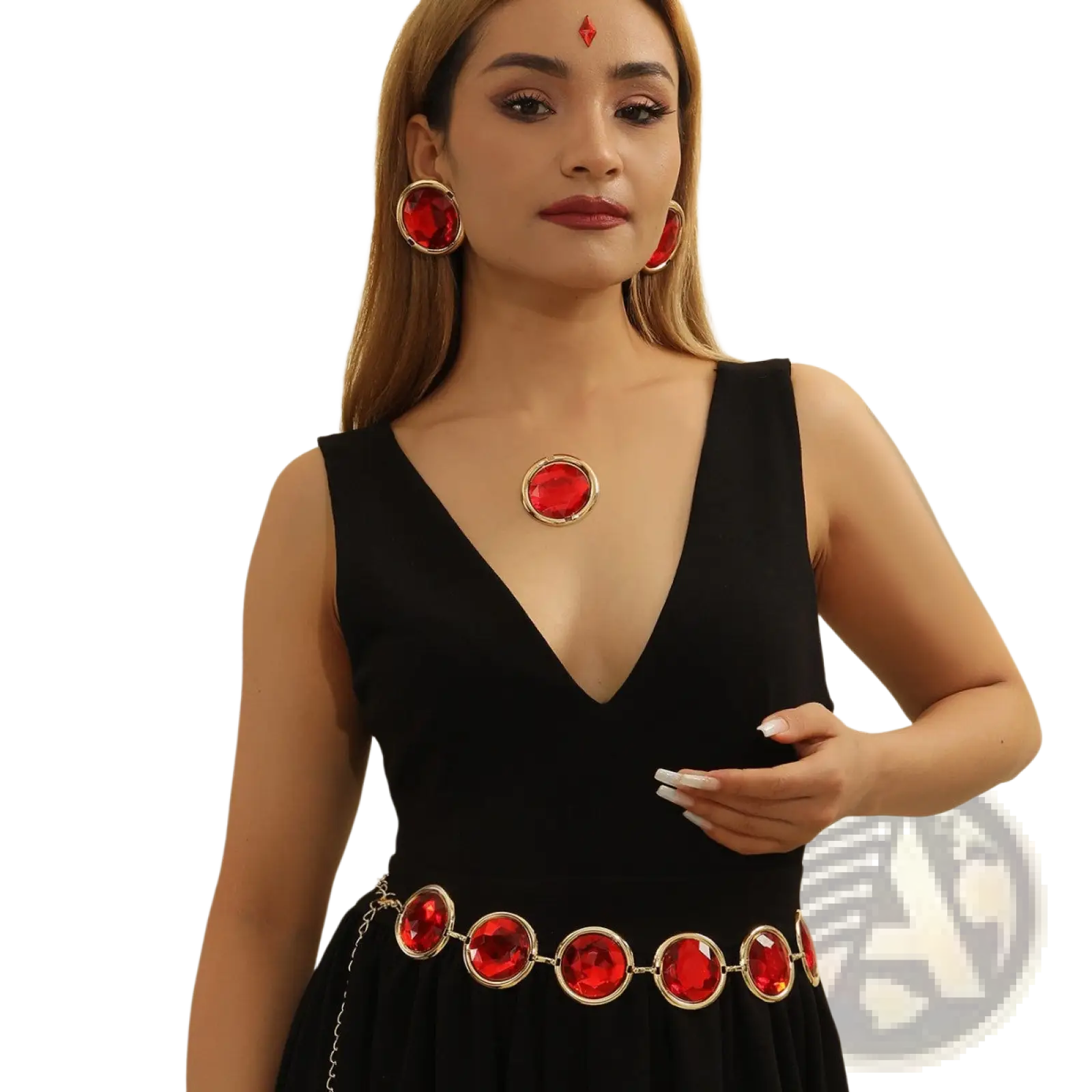 A striking black dress featuring a red crystal waist chain corset belt with matching earrings and gold-toned accents