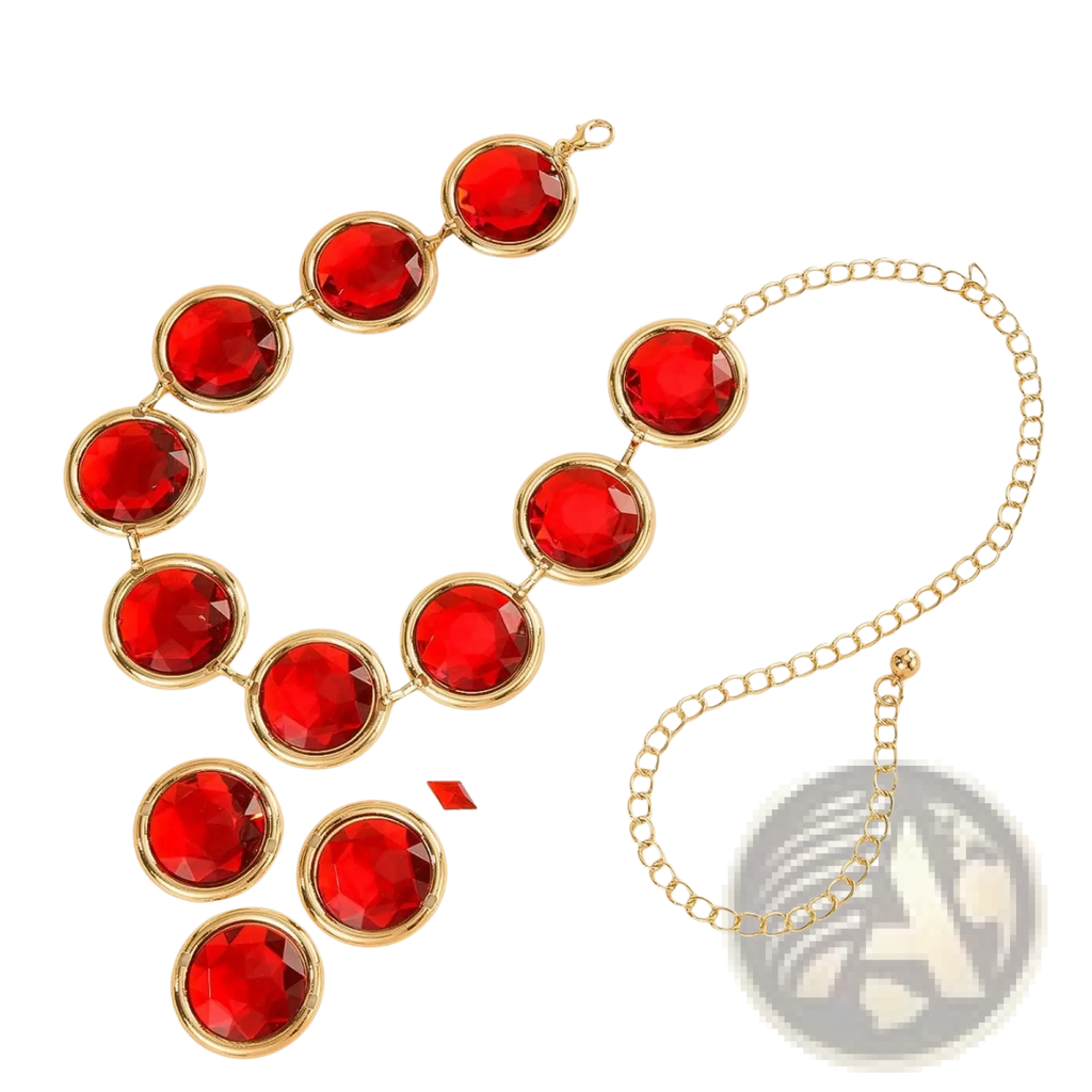 Gold-toned red crystal waist chain corset belt with bold faceted red gemstones in circular frames on delicate chain