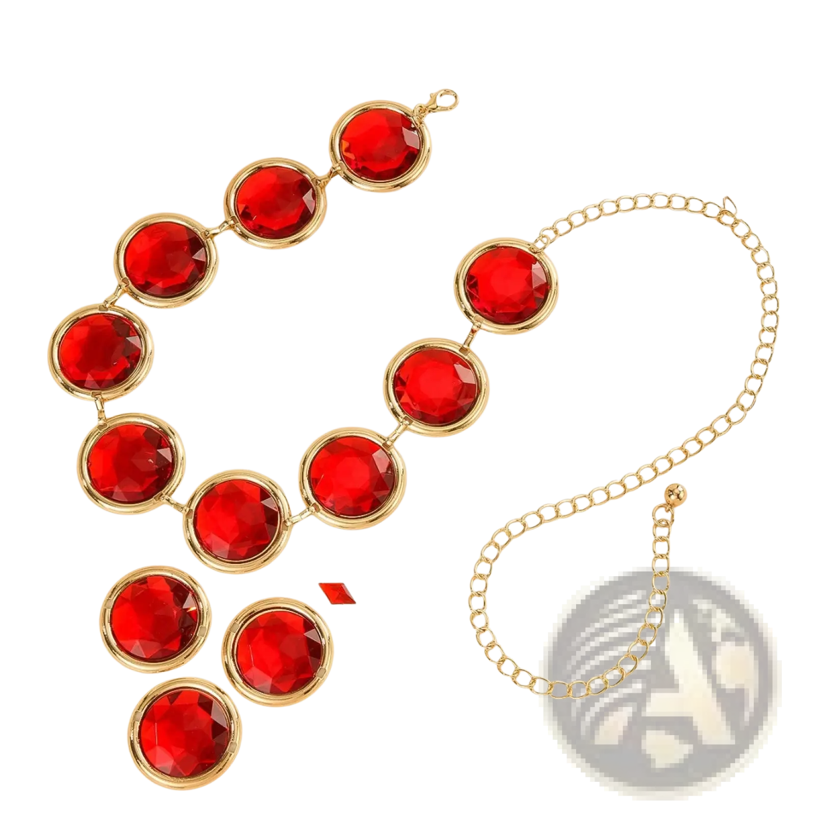 Gold-toned red crystal waist chain corset belt with bold faceted red gemstones in circular frames on delicate chain