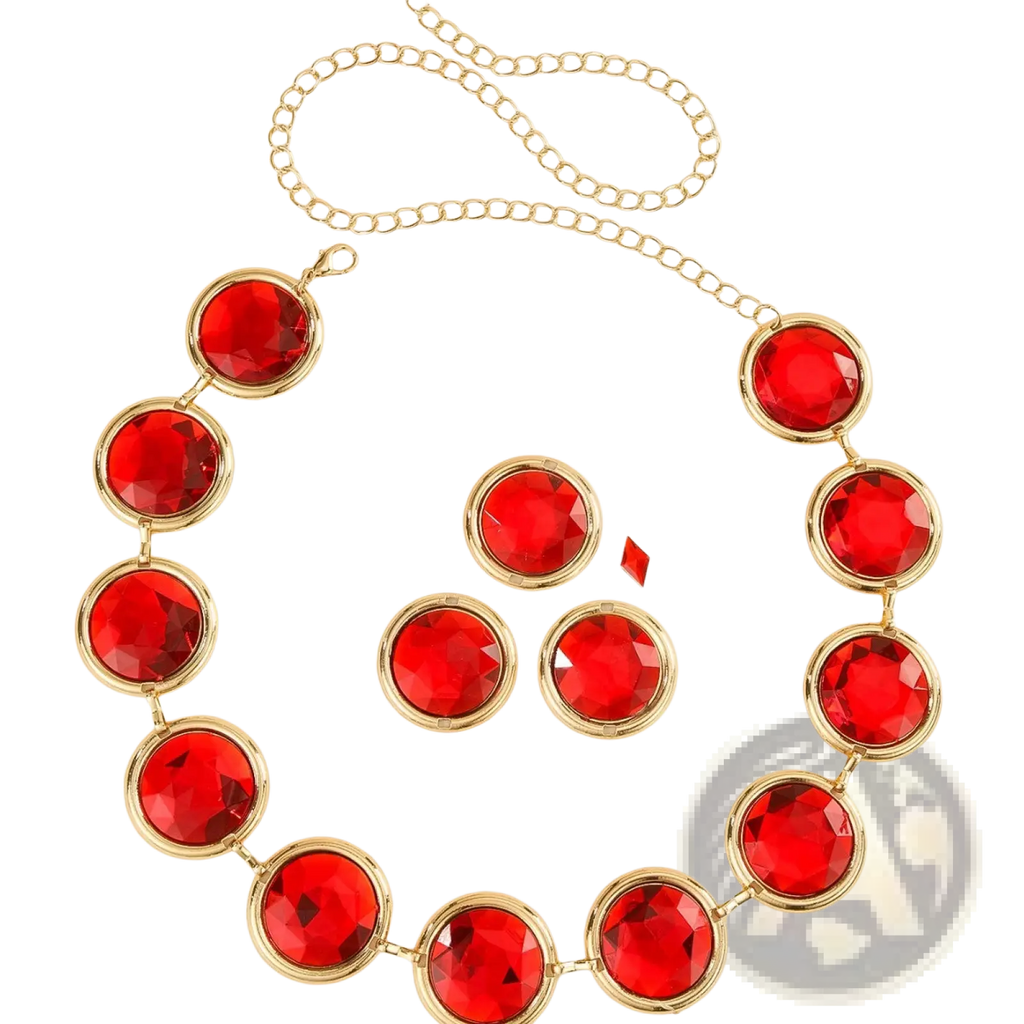 A vibrant red crystal waist chain corset belt with faceted gemstones and gold-toned metal settings and chain