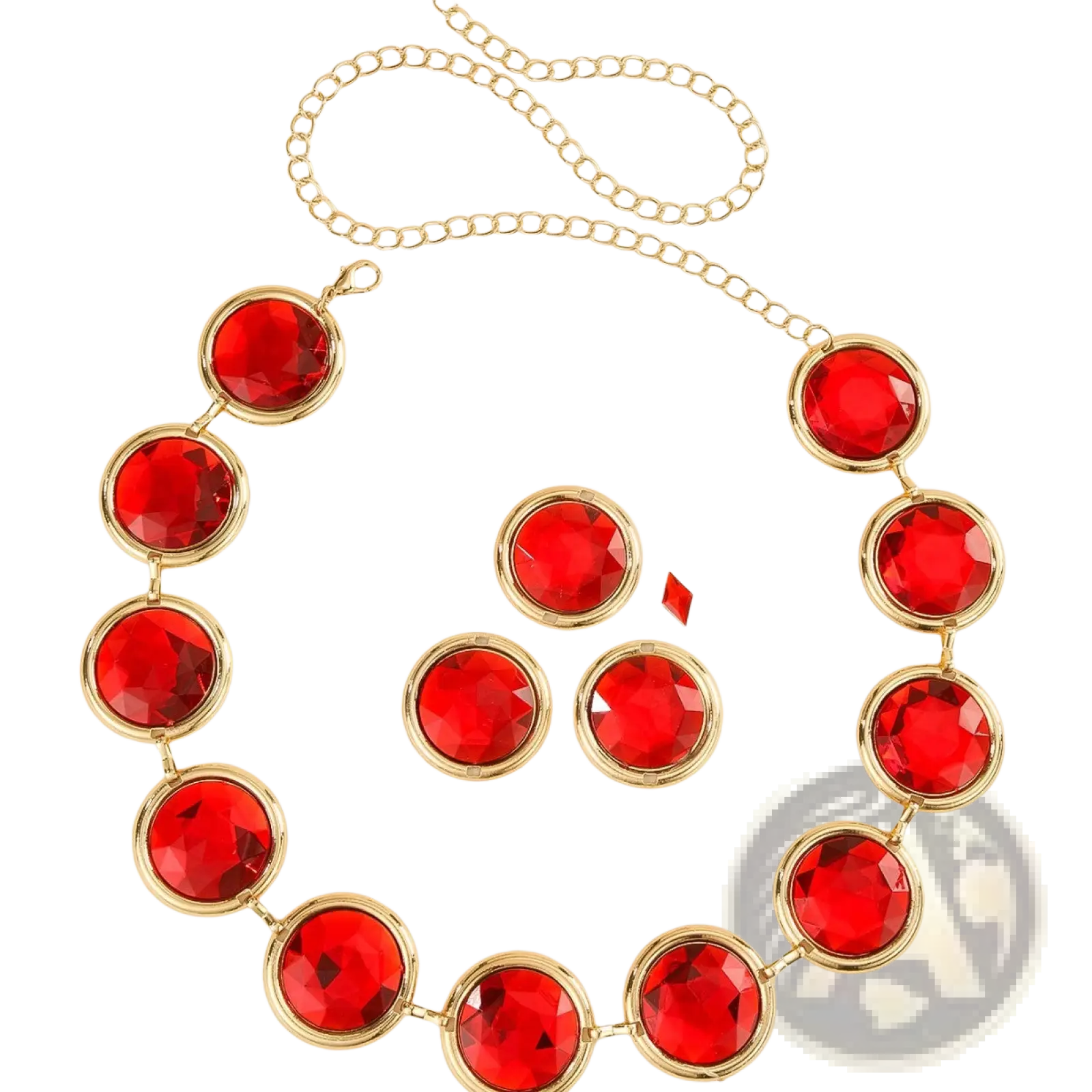 A vibrant red crystal waist chain corset belt with faceted gemstones and gold-toned metal settings and chain