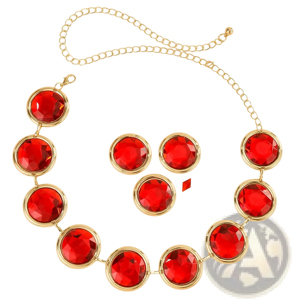 A red crystal waist chain corset belt featuring a vibrant red faceted gemstone necklace with gold-toned settings