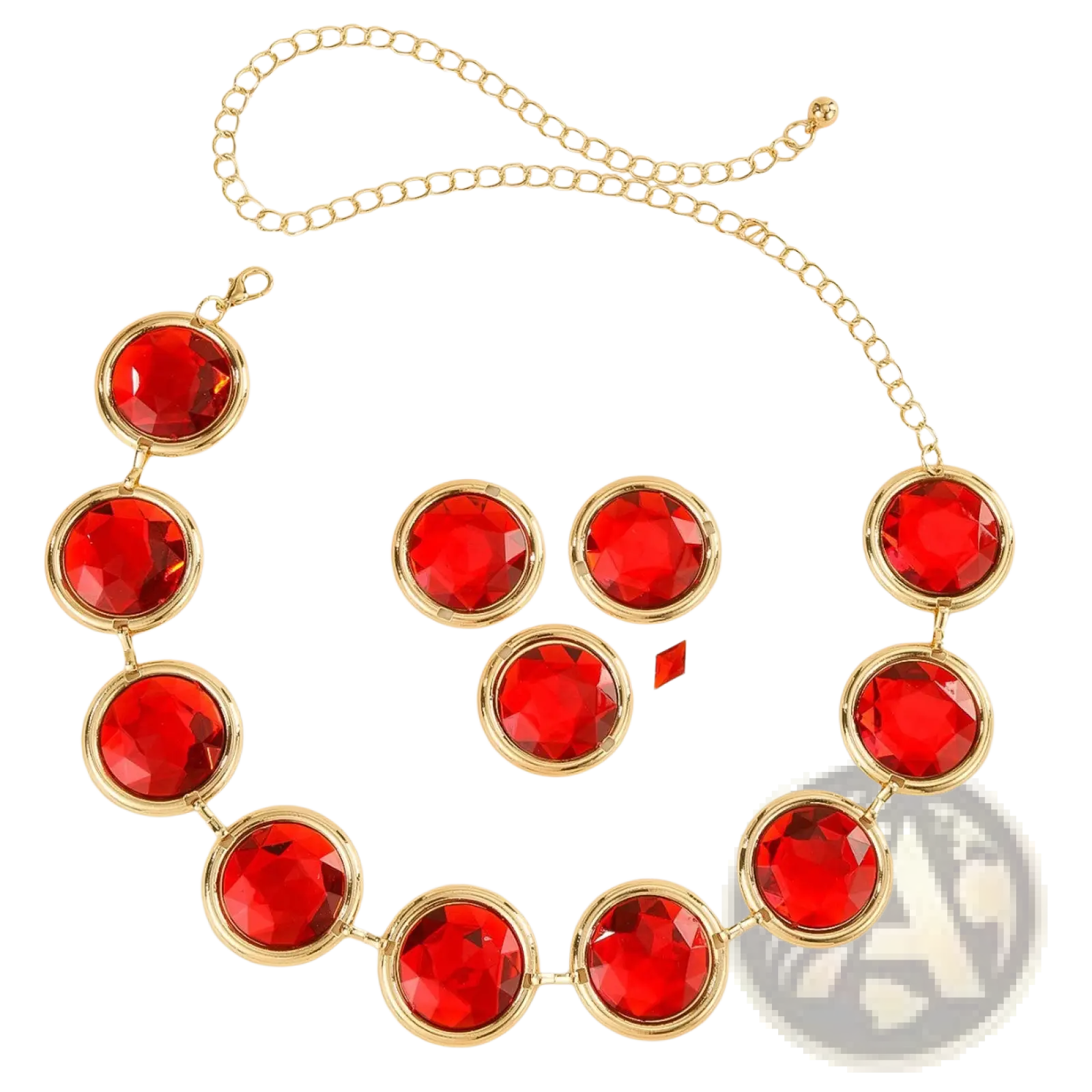 A red crystal waist chain corset belt featuring a vibrant red faceted gemstone necklace with gold-toned settings