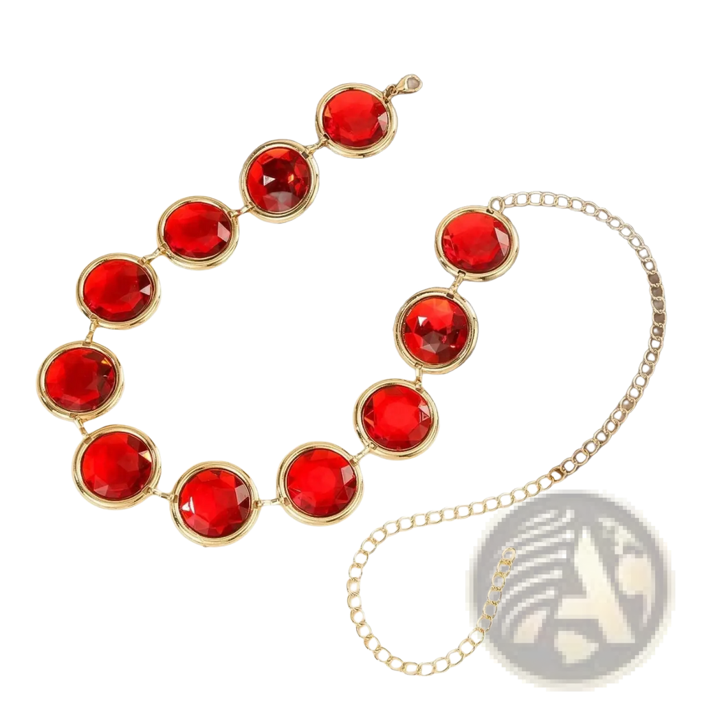 A red crystal waist chain corset belt featuring vibrant red gemstones with gold-toned settings and a delicate chain