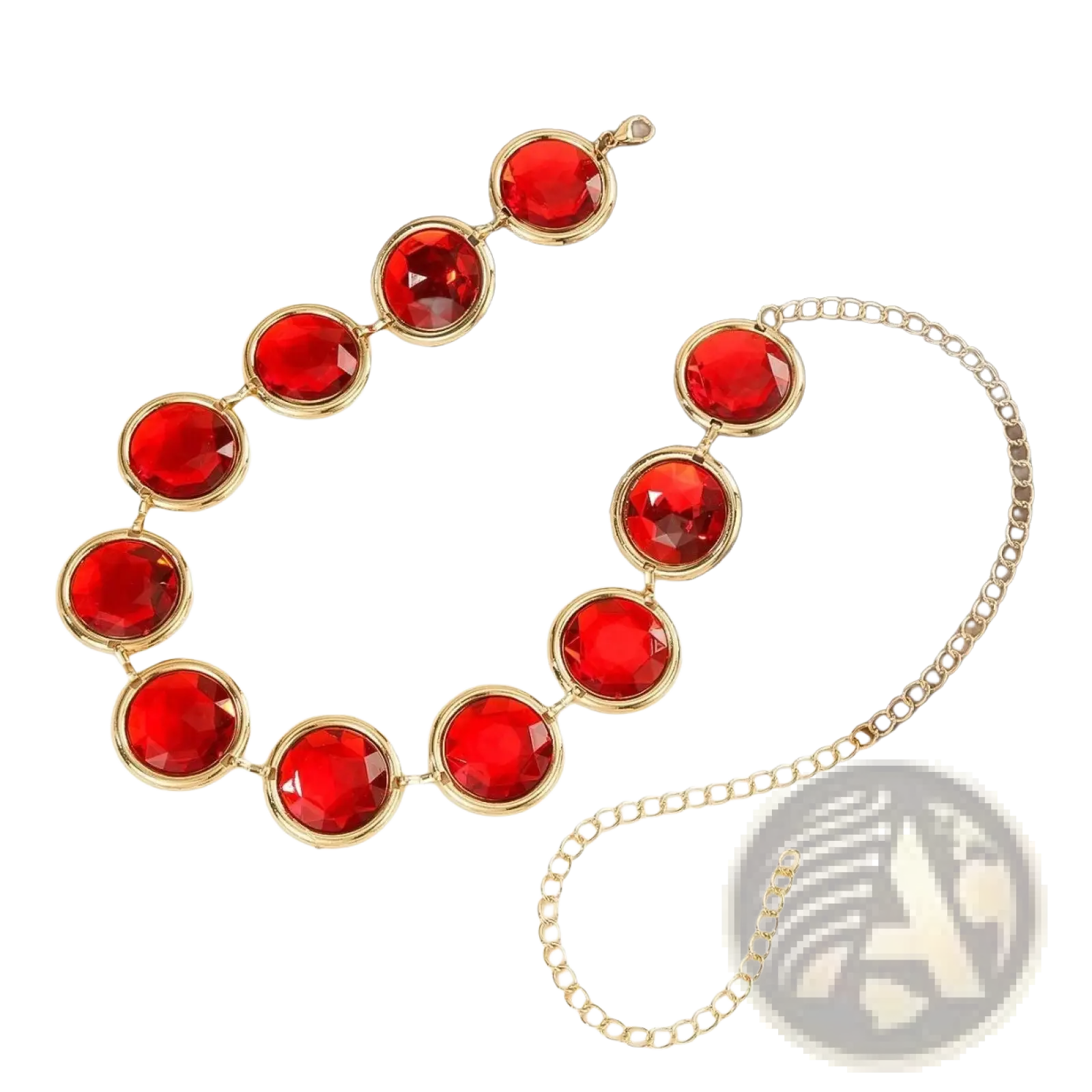 A red crystal waist chain corset belt featuring vibrant red gemstones with gold-toned settings and a delicate chain