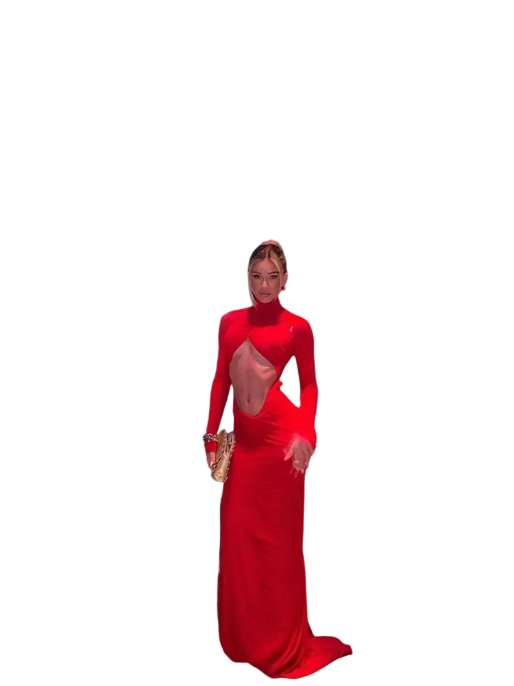 A striking red mermaid dress with long sleeves, high turtleneck, and bold midriff cutout in elegant fabric