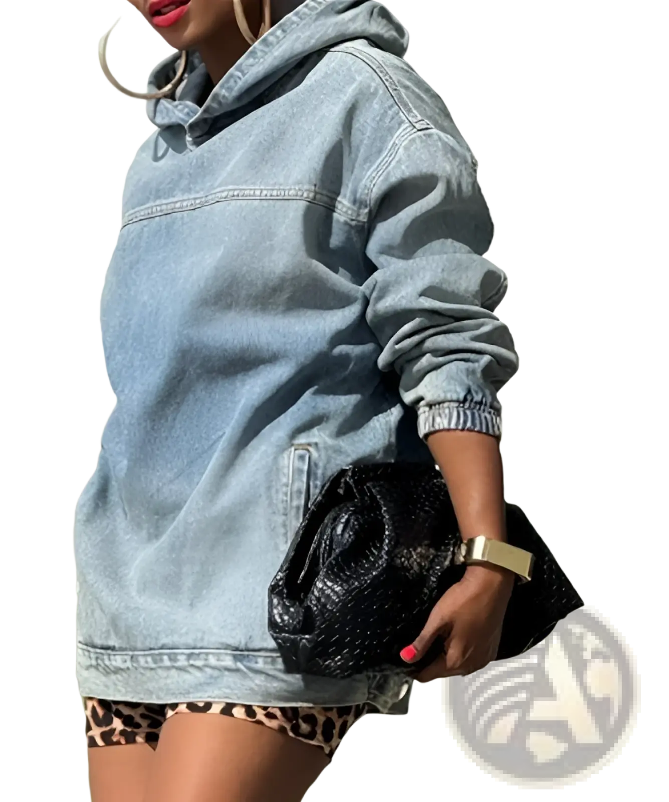 Light-wash denim hoodie with relaxed oversized fit ribbed cuffs shown from the back of red denim distressed hooded sweatshirt