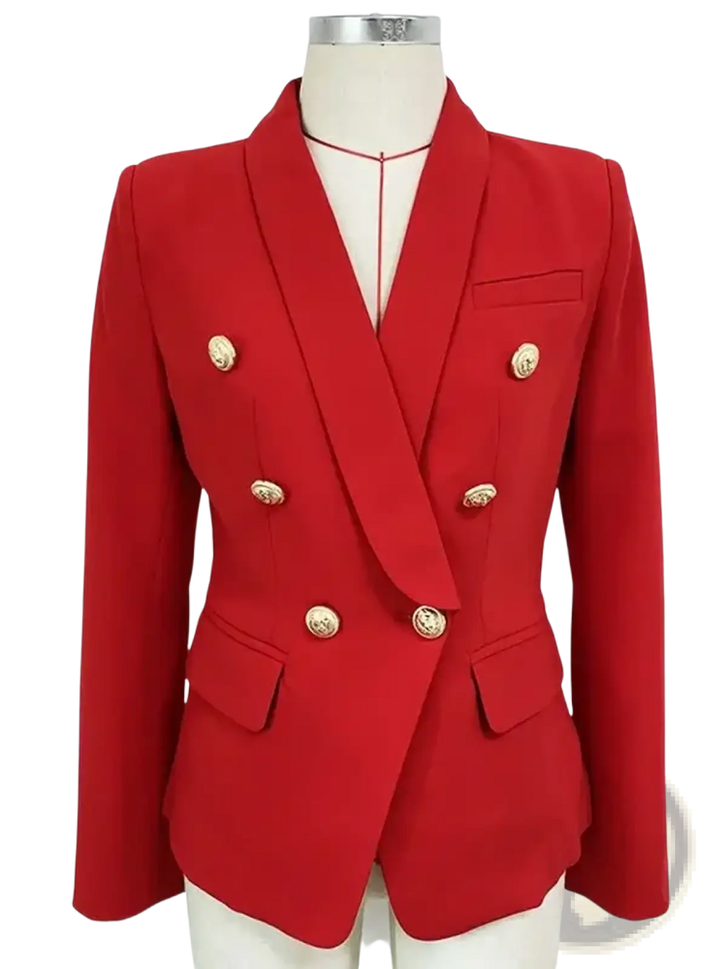 Red double breasted designer blazer for women with gold toned buttons and a tailored fit