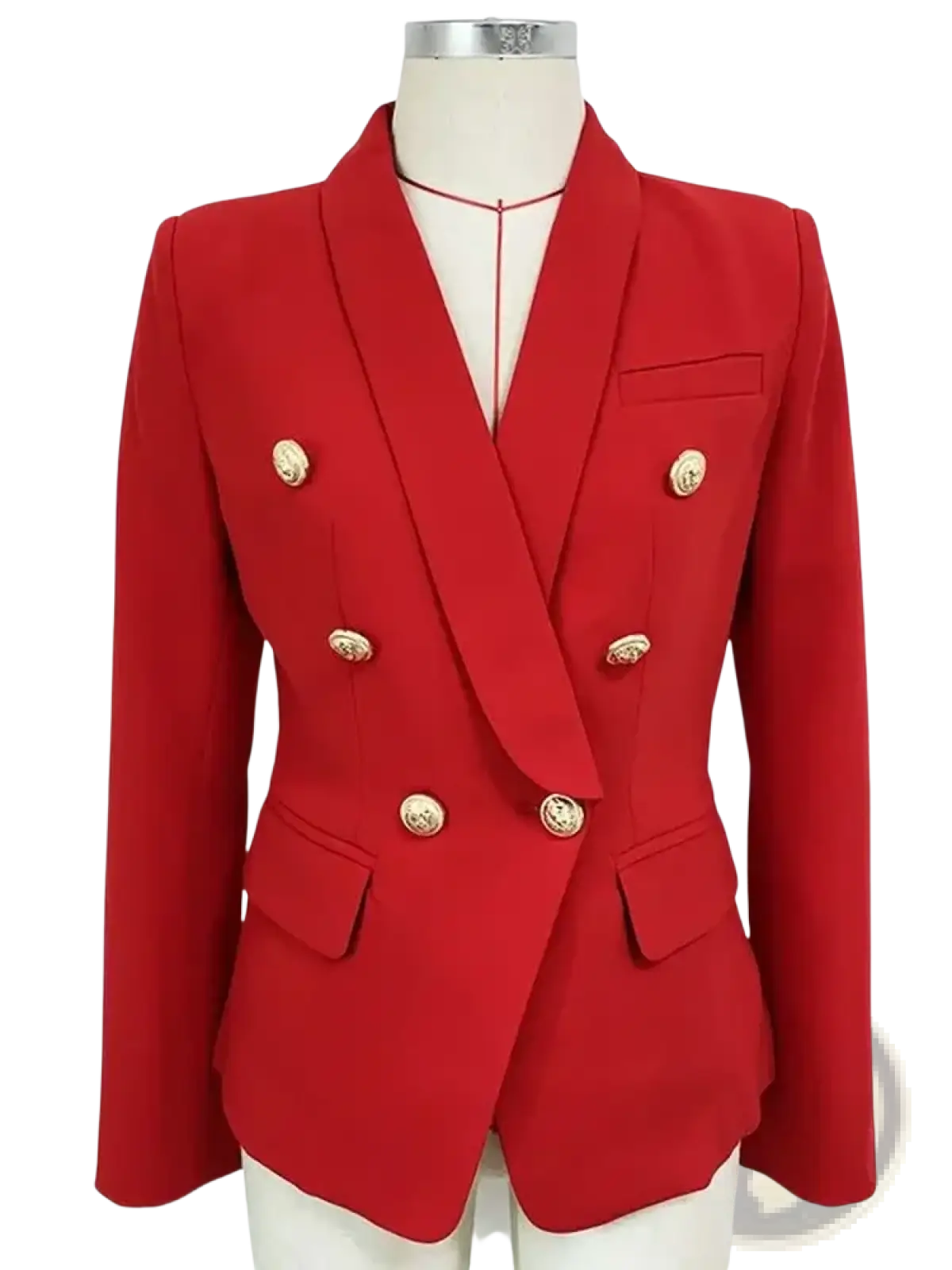 Red double breasted designer blazer for women with gold toned buttons and a tailored fit
