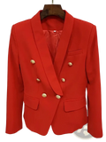 Red double breasted designer blazer for women with vibrant gold toned buttons and a structured tailored fit