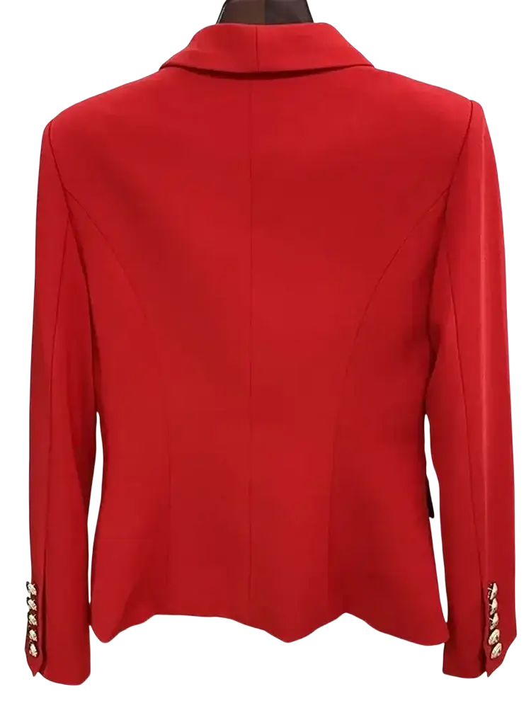 Red double breasted designer blazer for women in vibrant red with gold toned button cuff accents displayed on a mannequin