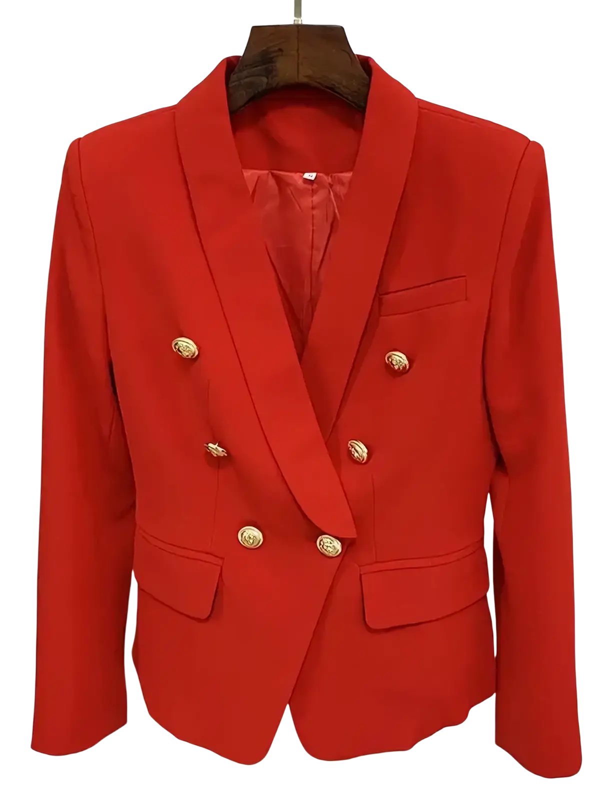 Red double breasted designer blazer for women with vibrant gold toned buttons and a structured tailored fit