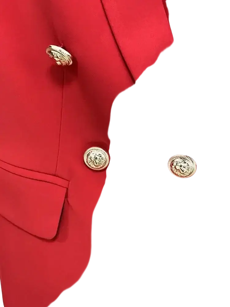 Red double breasted designer blazer for women with vibrant red fabric and ornate gold lion head buttons
