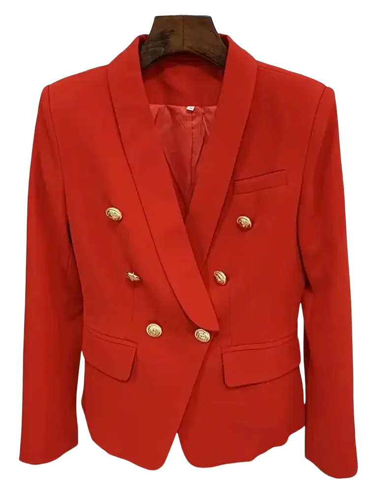 Red double breasted designer blazer for women with vibrant color gold toned buttons and sleek tailored design