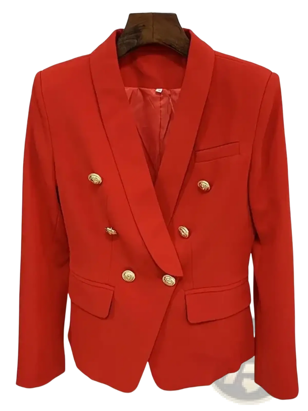 Red double breasted designer blazer for women with vibrant color gold toned buttons and sleek tailored design