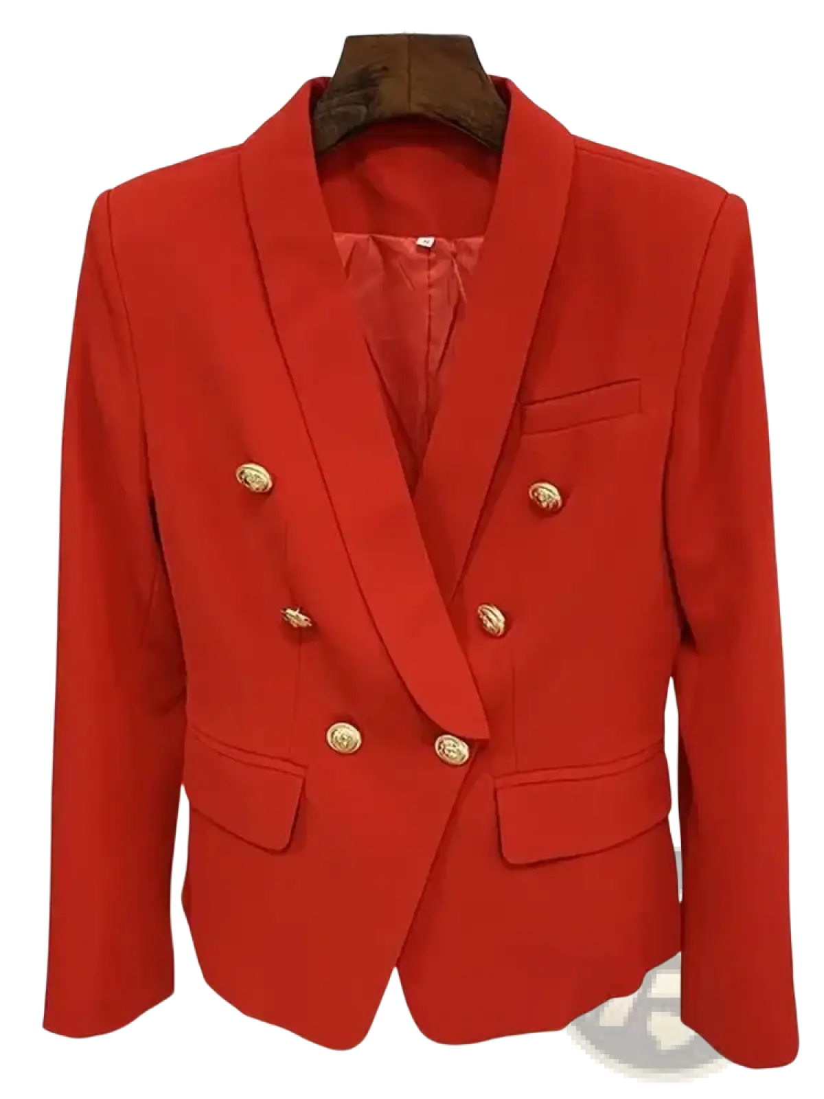 Red double breasted designer blazer for women with vibrant color gold toned buttons and sleek tailored design