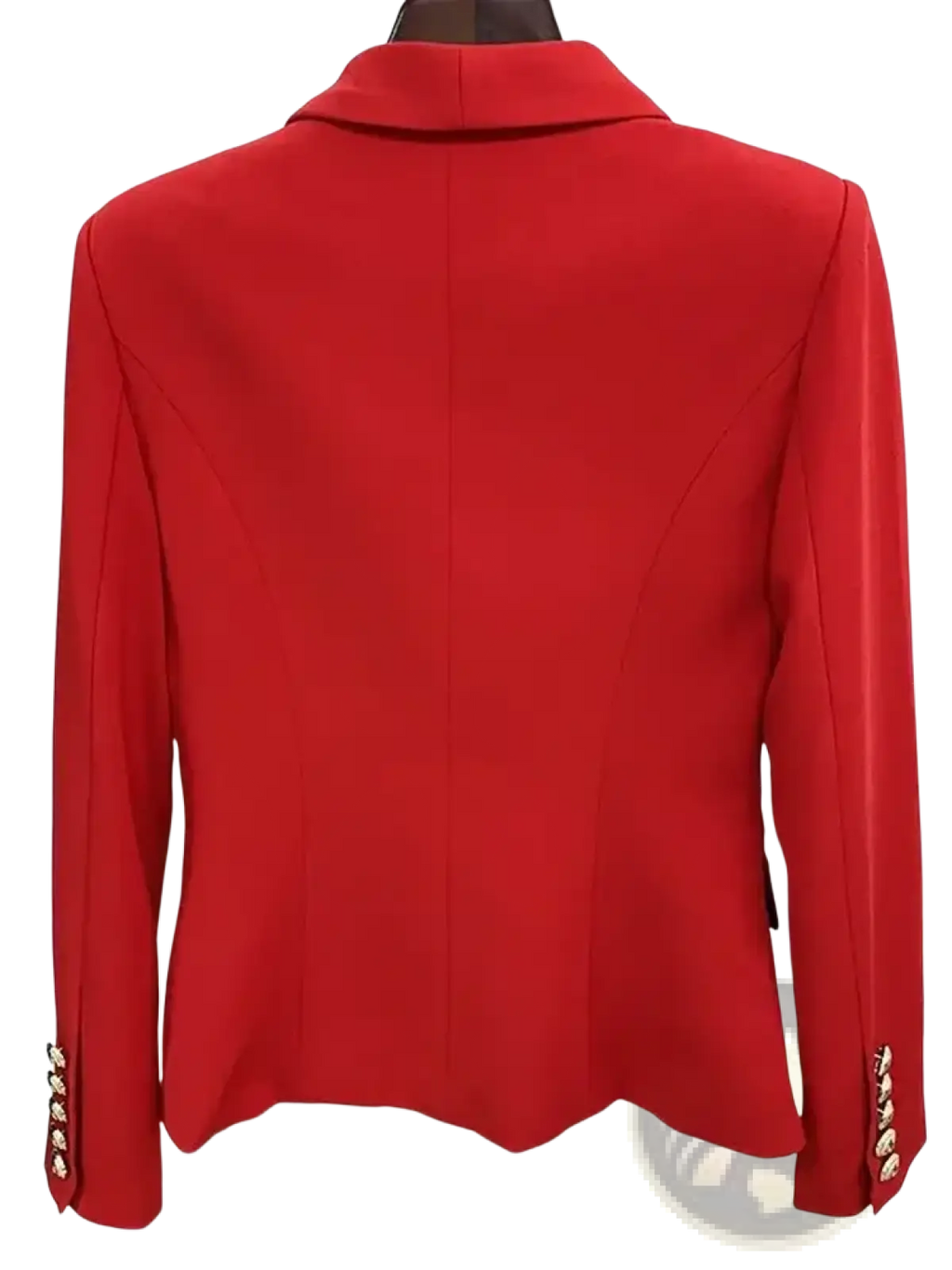 Red double breasted designer blazer for women in vibrant red with gold toned button cuff accents displayed on a mannequin